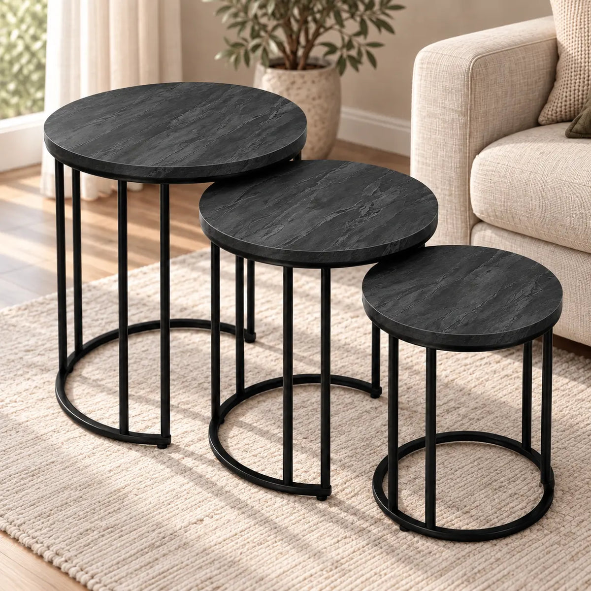 The Slate Trio – Matte Charcoal Nesting Tables (Set of 3)