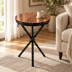 The Crosswood Round Side Table – Wood & Black Steel
