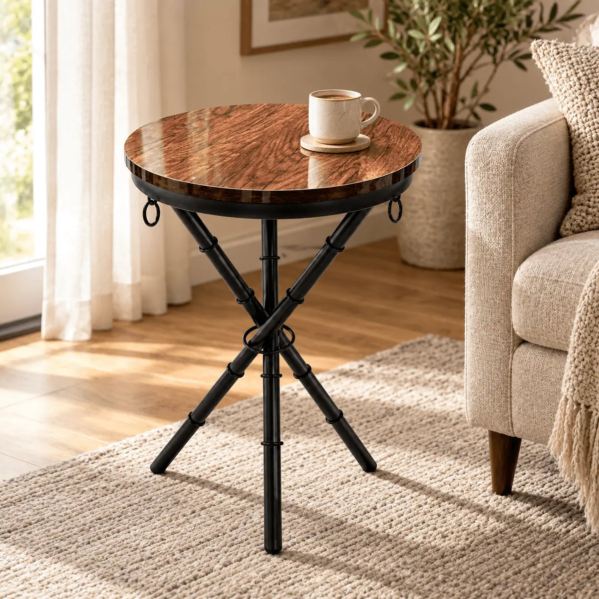 The Crosswood Round Side Table – Wood & Black Steel