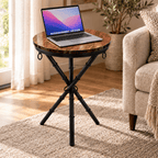The Crosswood Round Side Table – Wood & Black Steel