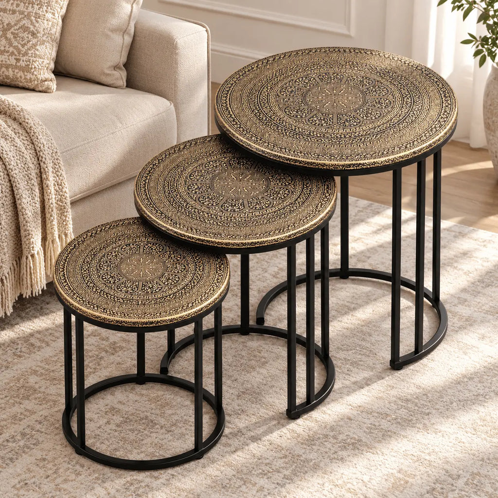 Royal Mandala Gold & Black Engraved Nesting Tables – Set of 3