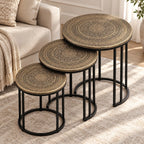 Royal Mandala Gold & Black Engraved Nesting Tables – Set of 3