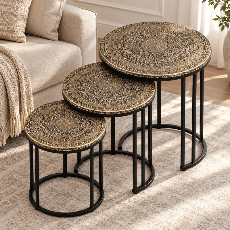 Royal Mandala Gold & Black Engraved Nesting Tables – Set of 3
