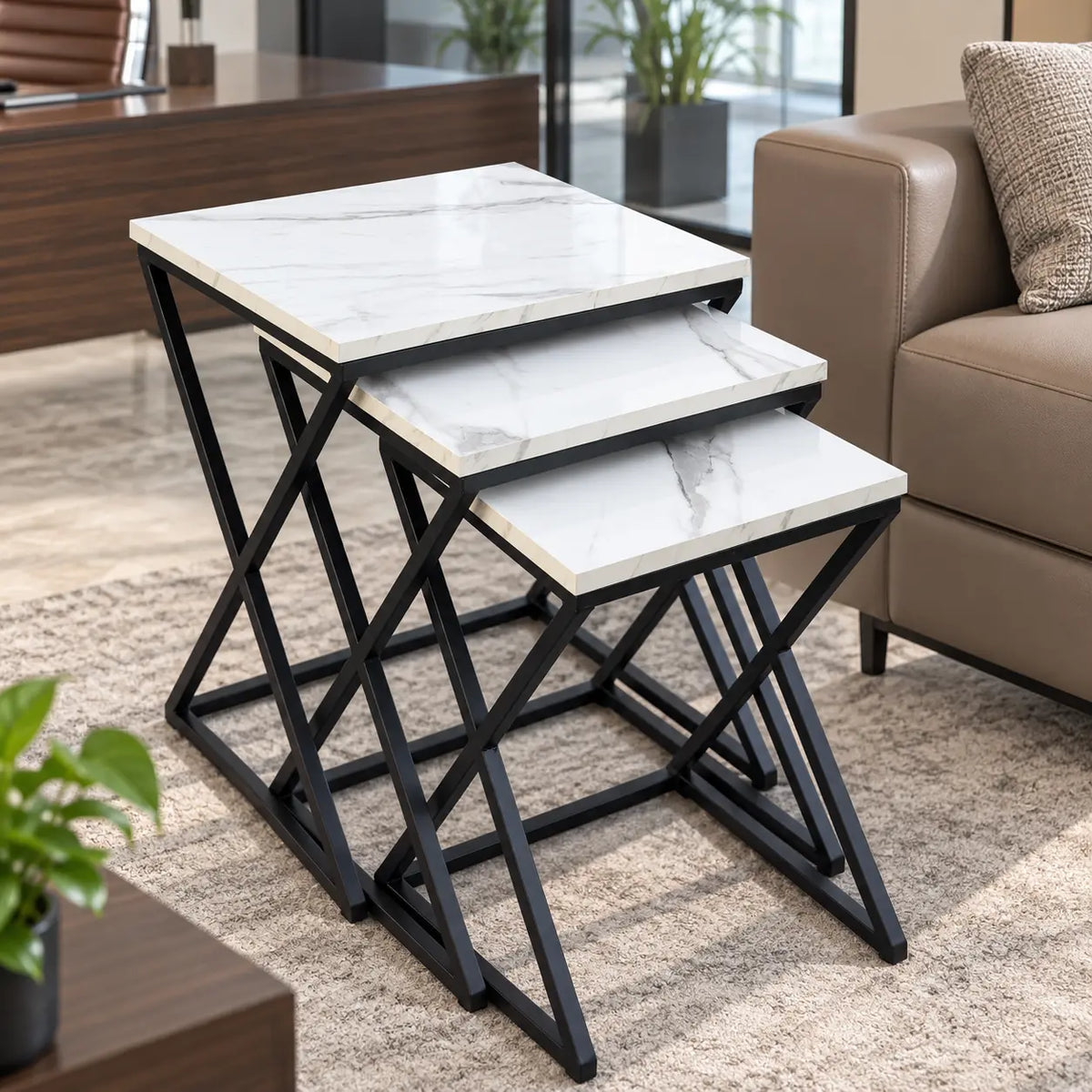 The Carrara Trio – White Marble-Look Nesting Tables (Set of 3)