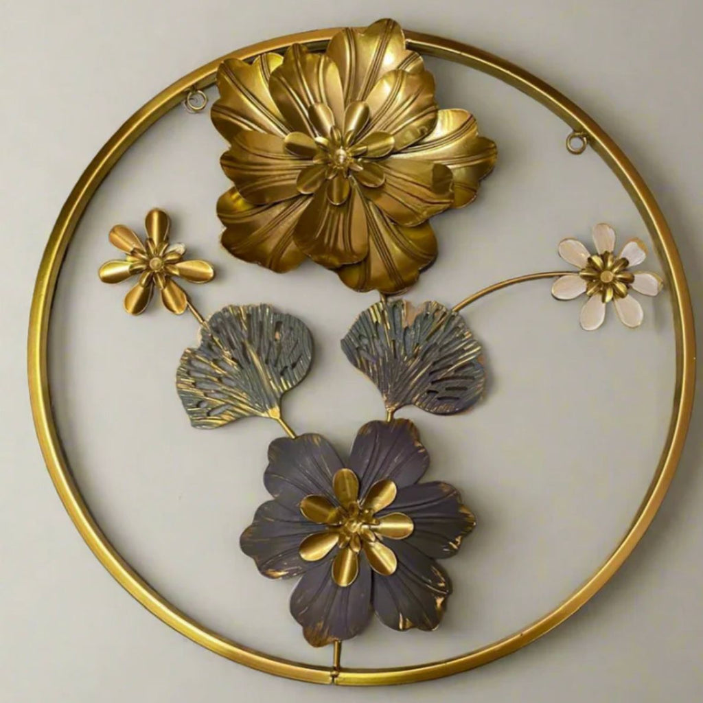 Round Golden Metal Flower Frame – Elegant Imported Decorative Wall Art