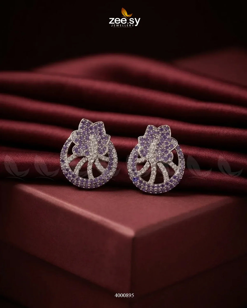 Royal Floral Zircon Earrings - Silver