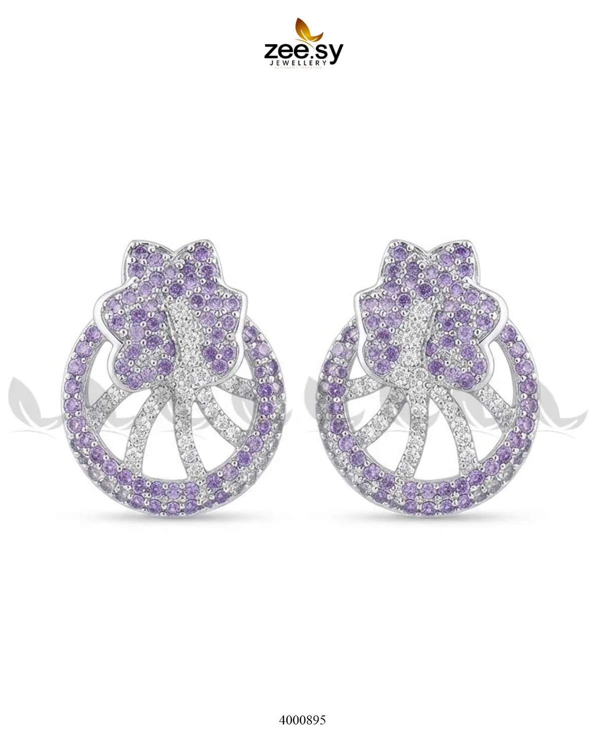 Royal Floral Zircon Earrings - Silver