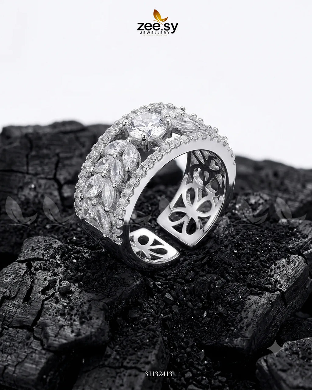 Silver Bloom Leaf Stone Ring