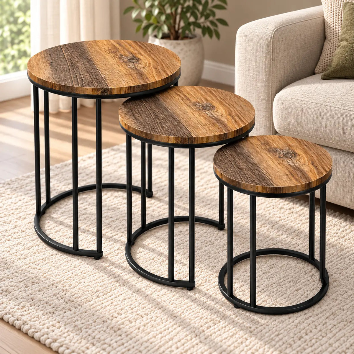 The Timber Trio – Rustic Woodgrain Nesting Tables (Set of 3)