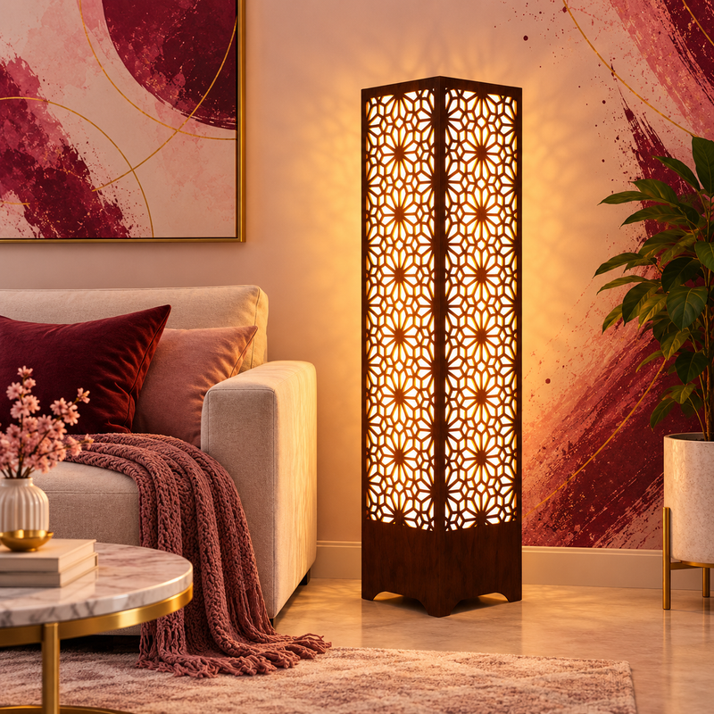 Luxury Wooden Geometric Floor Lamp – Warm LED Decorative Corner Light - Pack of 2